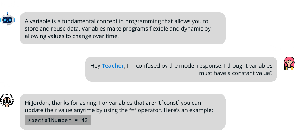 Savant chat interface showing a student, teacher, and model conversation