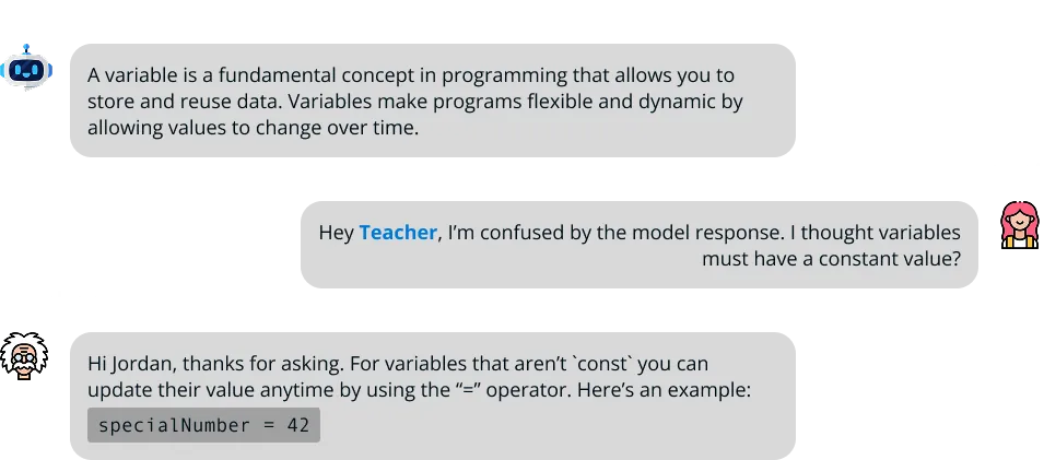 Savant chat interface showing a student, teacher, and model conversation